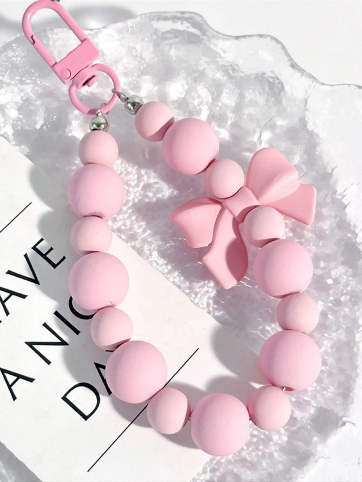 Pink Pearl Bow Keychain Phone Charm Beaded Pendant Bag Car Key Accessory