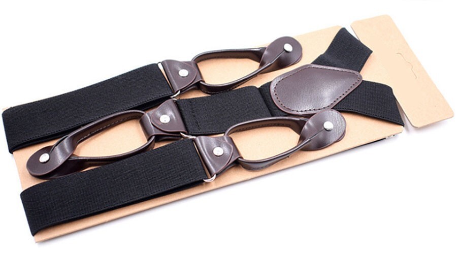 Button Holes Link Men’s Suspenders-Black with 6 Button Holes 2 Length Adjusters