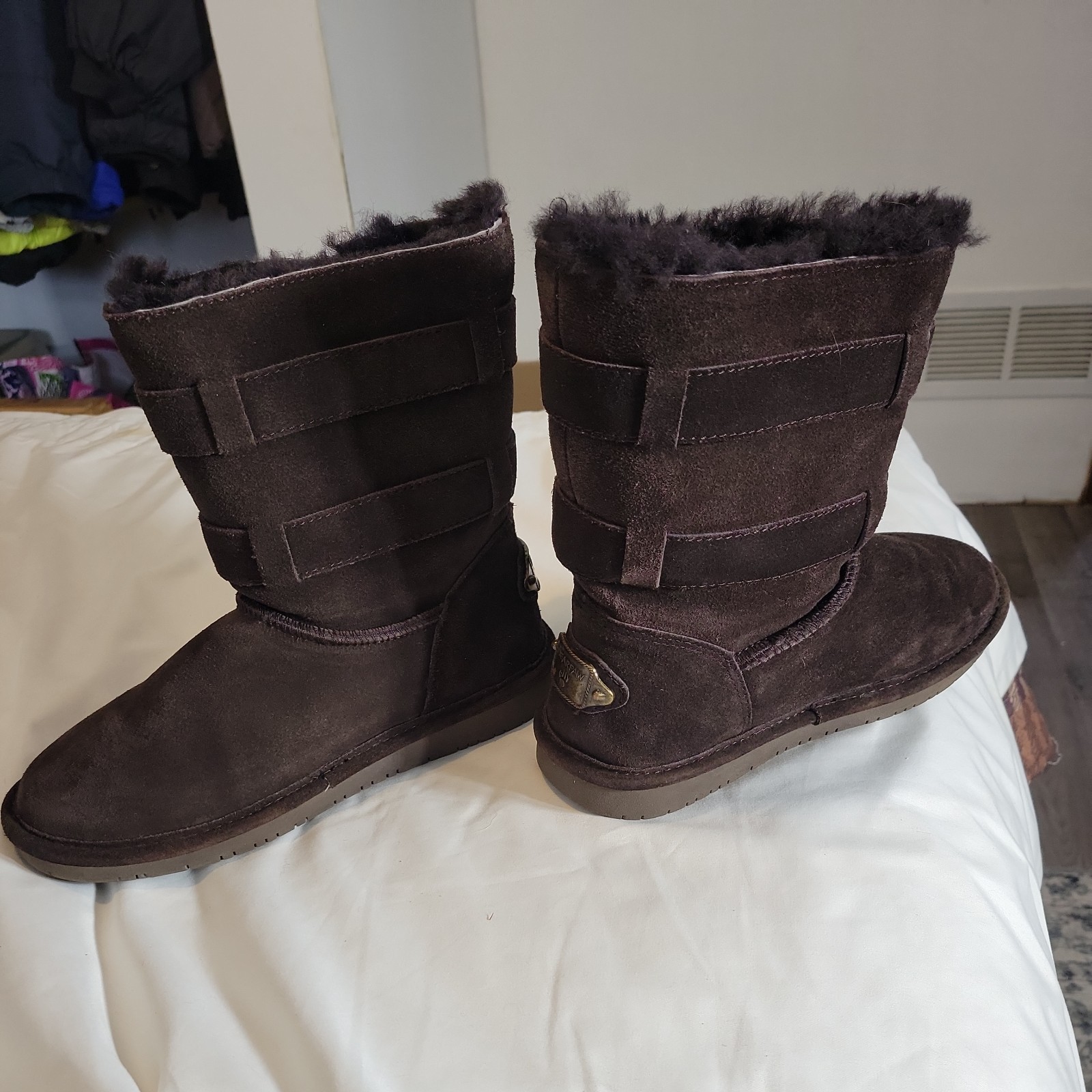 BEARPAW Women’s Brown Suede Faux Fur Lined Buckle Mid-Calf sz7 Snow Boots Size 8