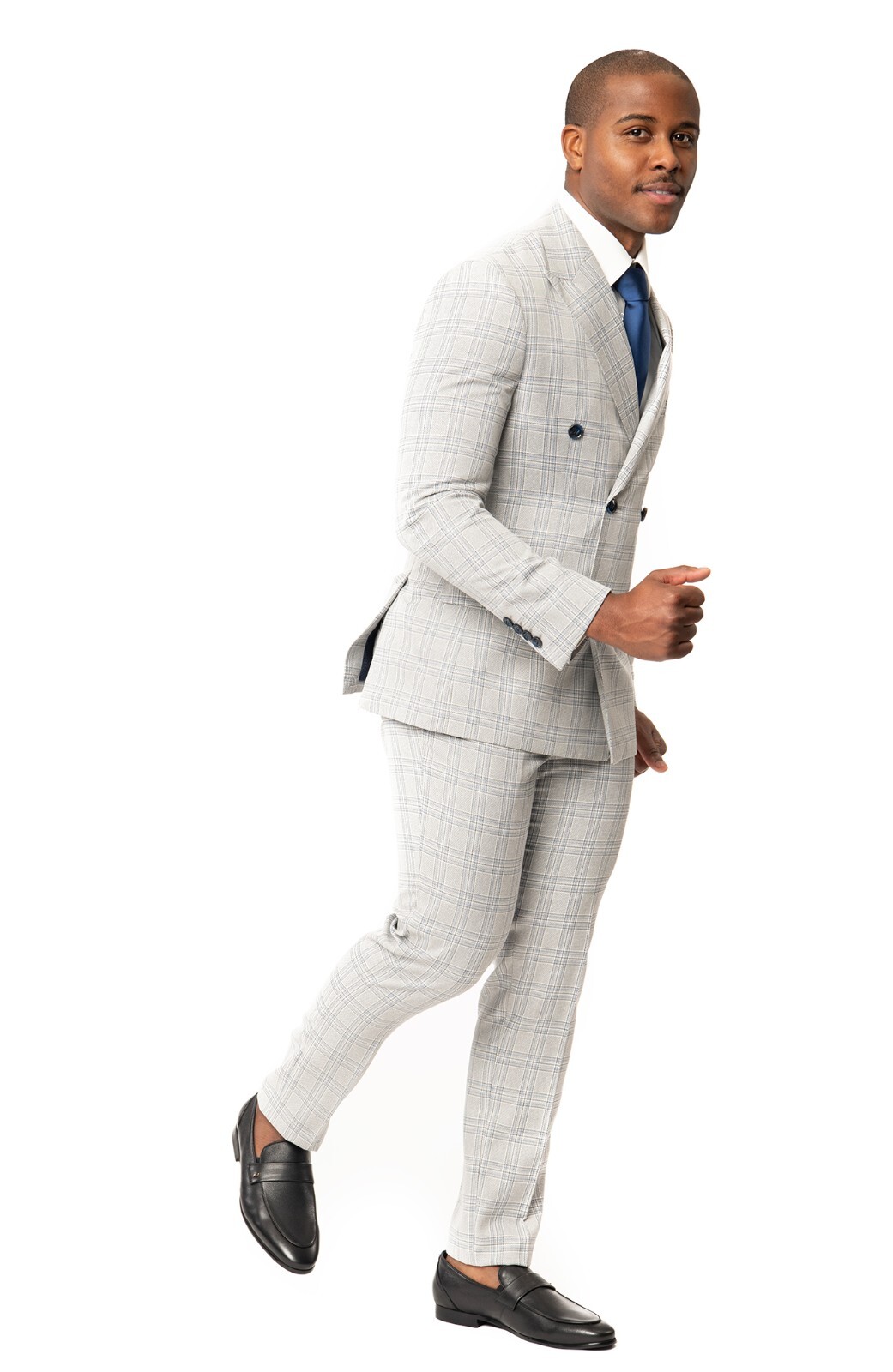 Slim Fit Double Breasted Plaid Chalk Grey 2 Button Peak Lapel Men Suit AZAR MAN