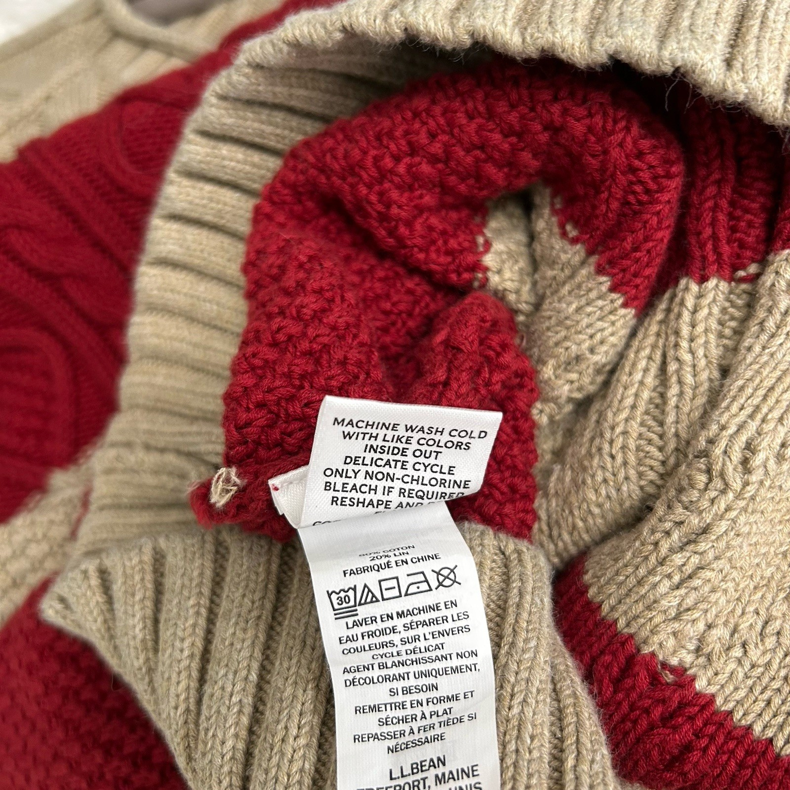 LL Bean Signature Men’s XXL Sweater Striped Cable Knit Red Beige Cotton Linen
