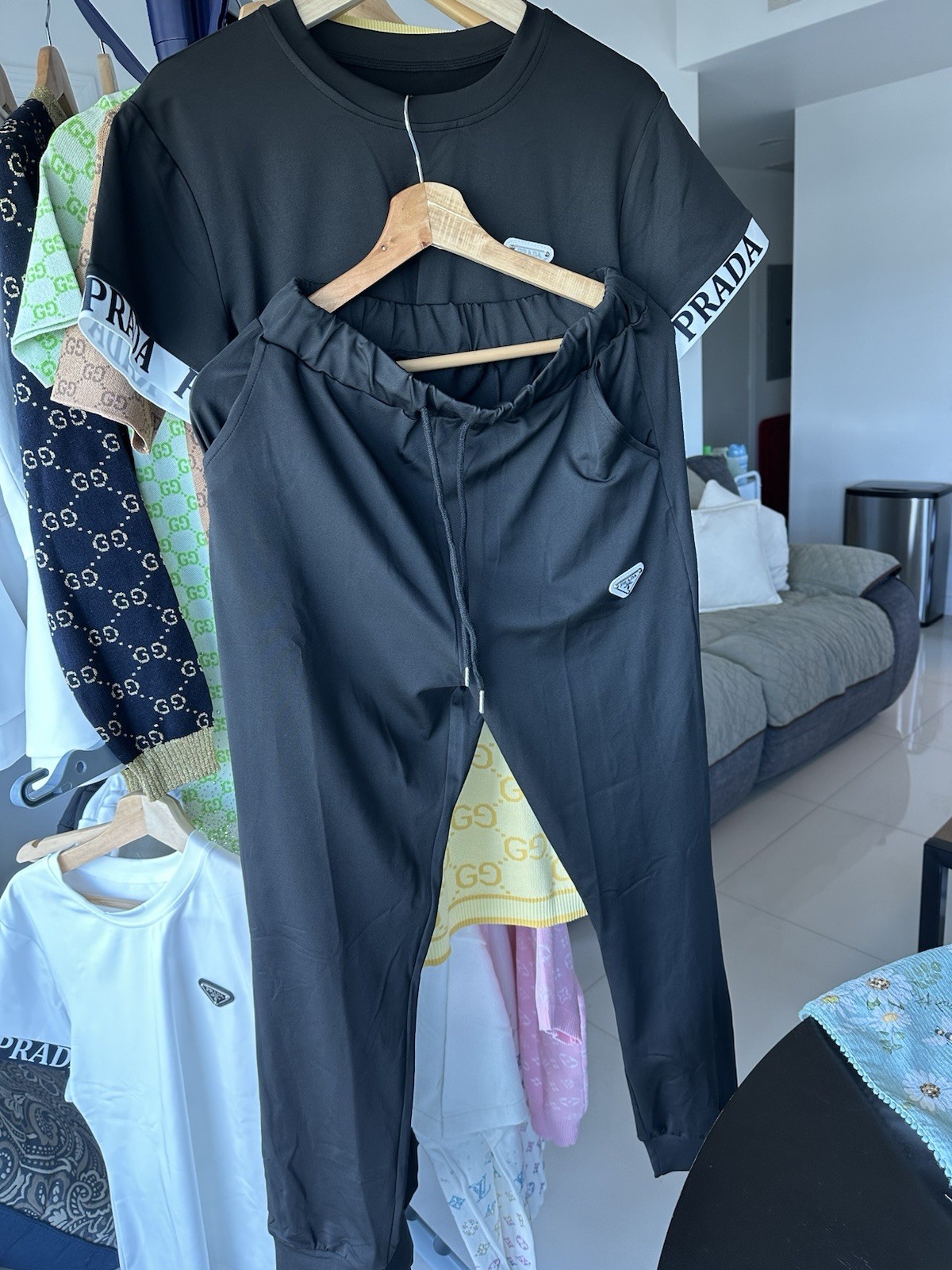 PRAD Women’s 2-Piece Tracksuit Set Black L T-Shirt & Joggers Logo Drawstring
