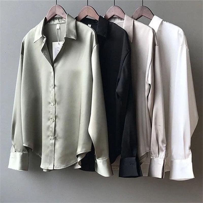 Silk Korean Office Ladies Elegant Shirt Blouse Button Up Satin Long Sleeve Shirt