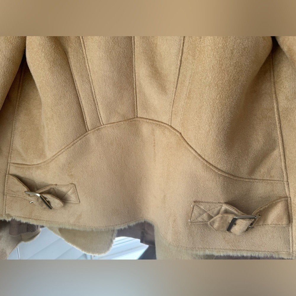 NWOT Chicos Faux Suede and Shearling Fur Collar Penny Lane Camel Coat Size Small