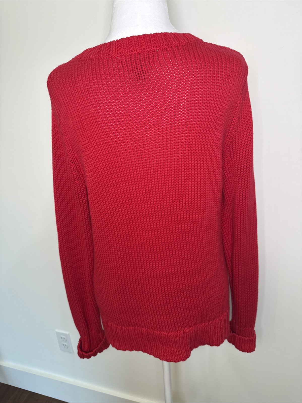 Lands End Drifter Sweater Womens Small Red Chunky Cable Knit Fisherman Cabin S