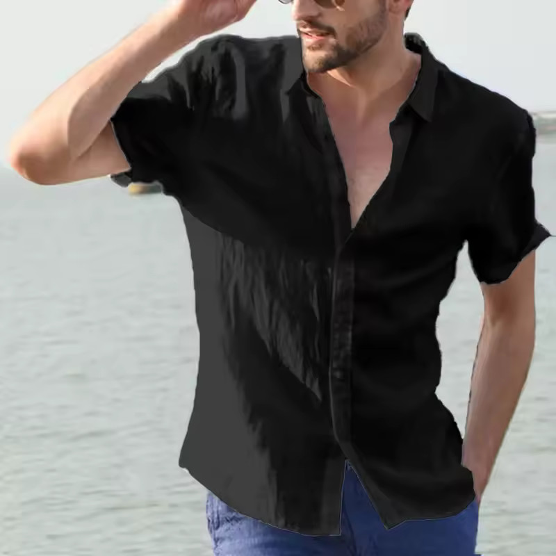 Men’s Summer Cotton Linen Short Sleeve Shirt Casual Solid Button-Down M-3XL