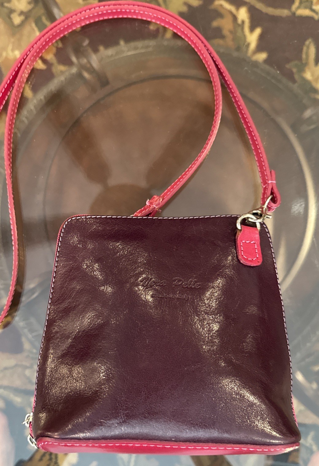 Vera Pelle Italian Leather Fuschia/Purple Crossbody Bag Adjustable Strap