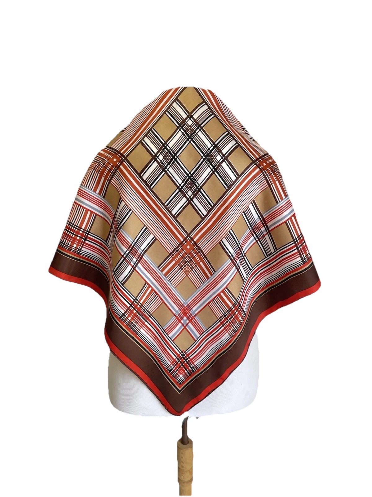 H75# Vintage 100% Pure Silk Scarf Made in Italy Plaid Geometric Brown Orange
