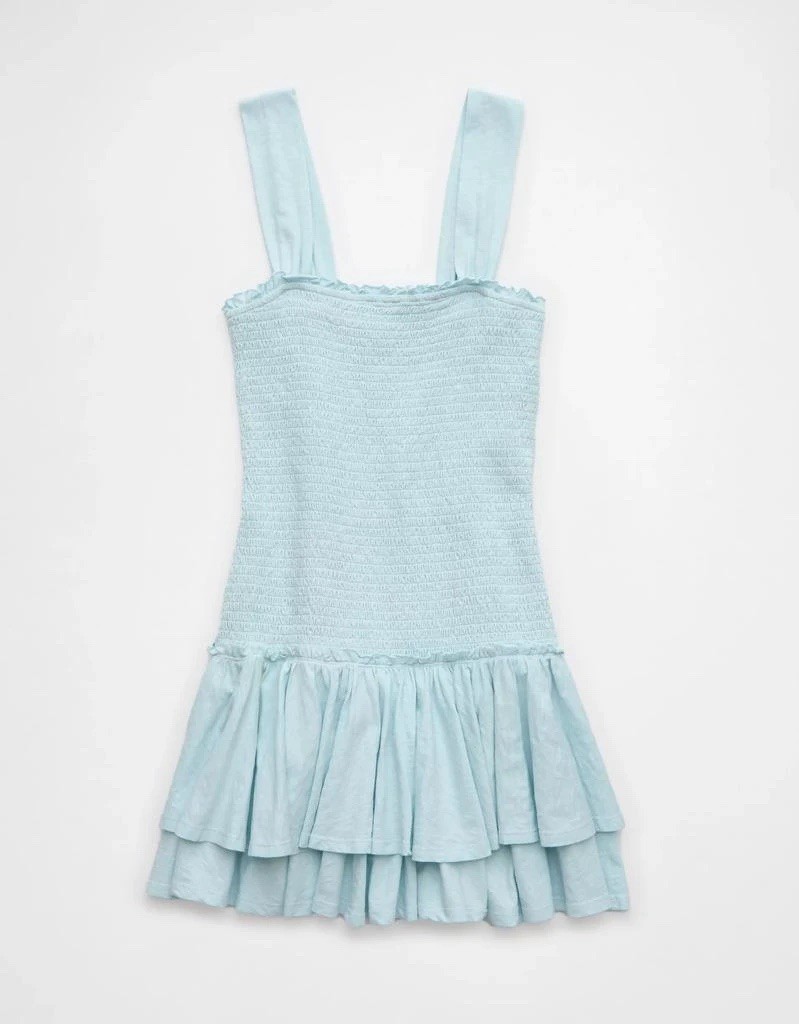American Eagle Blue Cotton Smocked Ruffle Tiered Fit & Flare Mini Dress XL
