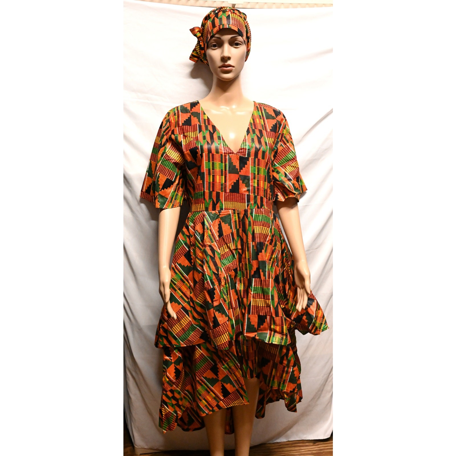 Karan African Print Ruffled Hi-Low Dress DFD75 FREE SIZE 100% Cotton NWT