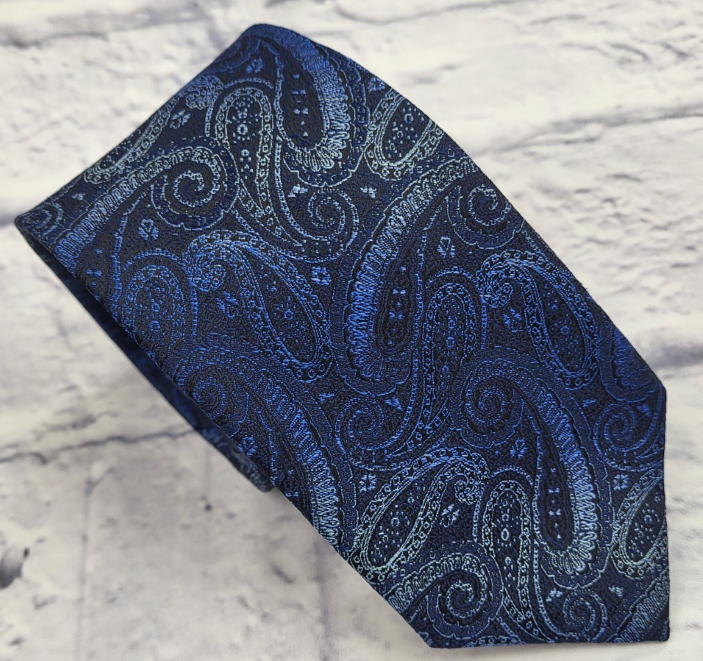 Zenio Polyester Tie Blue Black Gray Paisley Men Necktie Skinny 56 x 2.75