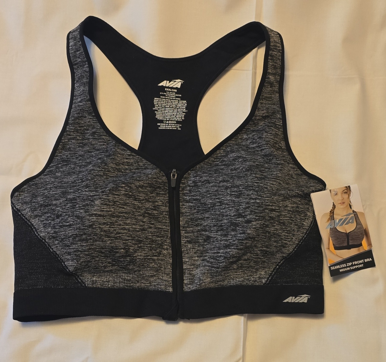 Avia Seamless Zip Front Sports Bra Medium Support Racerback Black/Gray 3XG