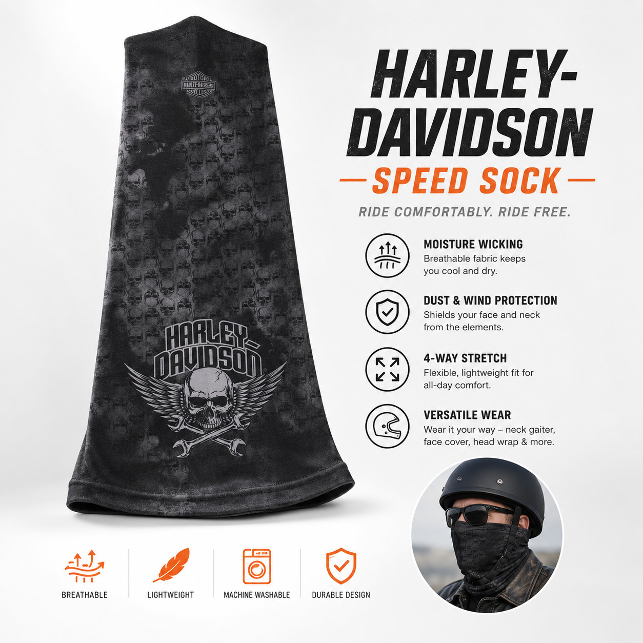 Harley-Davidson Men’s Wrenched Winged Skull Speed Sock, Black & Gray SP23230