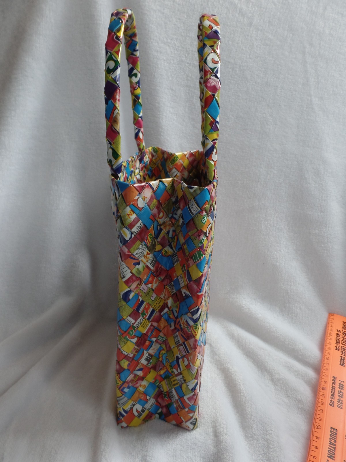 Handmade Recycled Wrapper Woven Tote Bag, Multicolor, Eco-Friendly