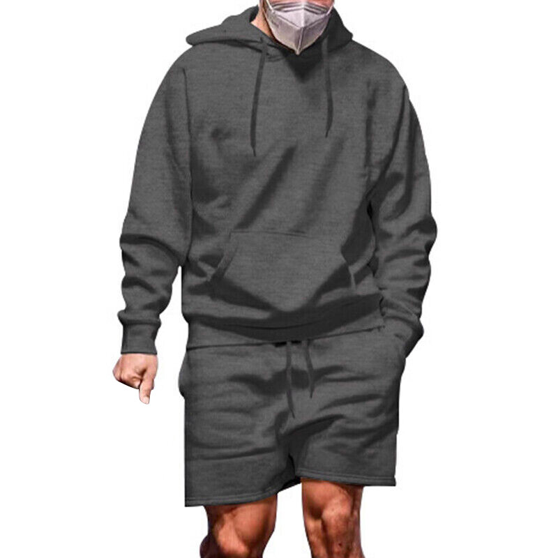 2PC Mens Long Sleeve Hoodie+Shorts Tracksuit Set Casual Baggy Solid Outfit Suit