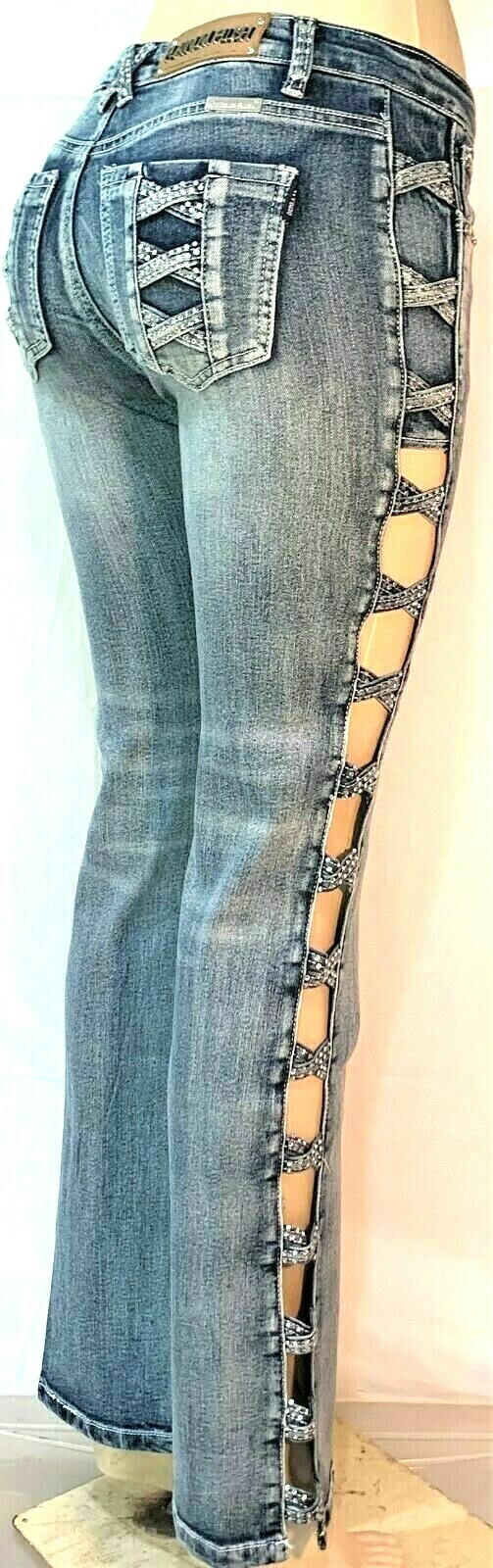 PLATINUM PLUSH OPEN LEG X DESIGN RHINESTONE DENIM BOOT CUT JEANS STYLE #4009