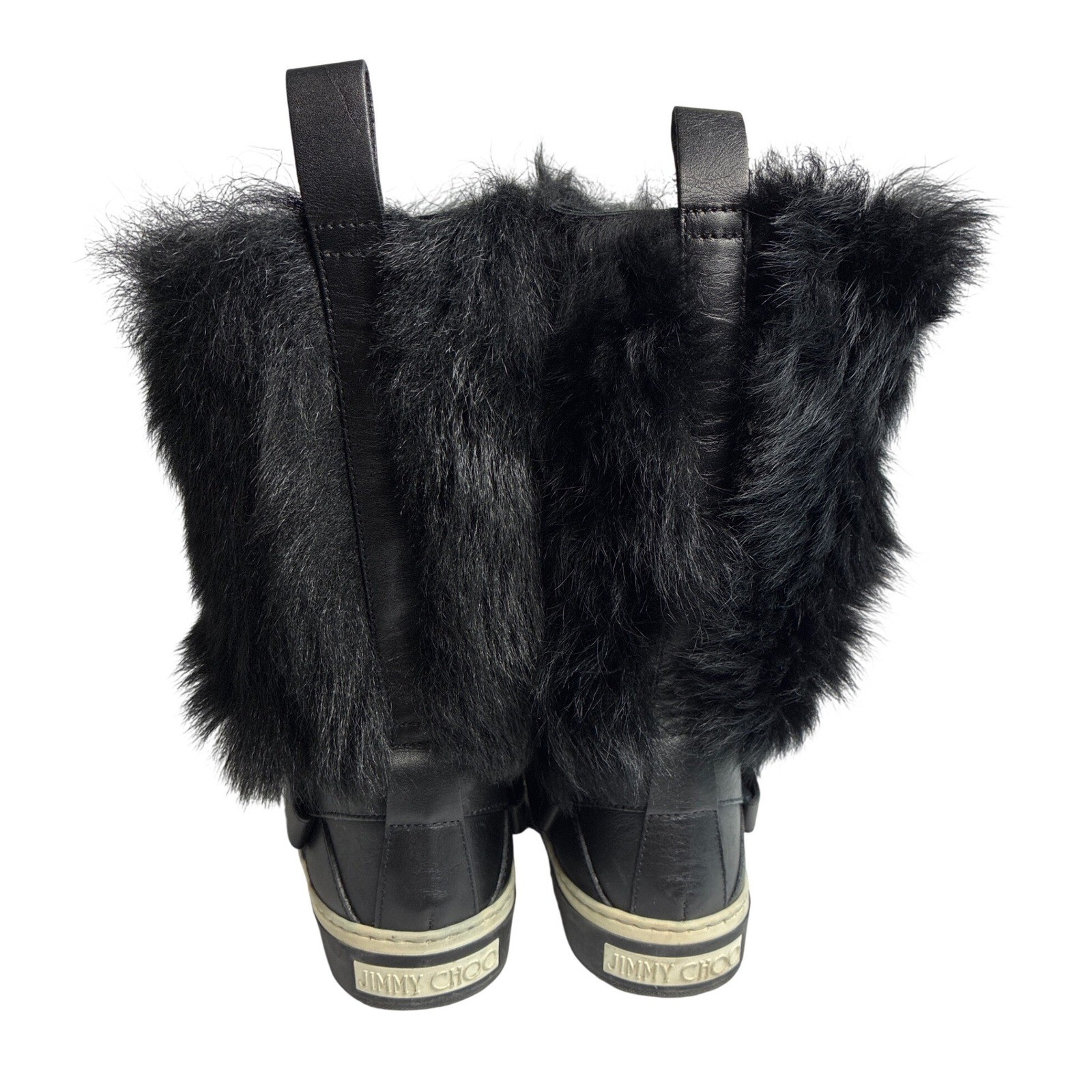 Jimmy Choo Black Leather Faux Fur Trim Mid Calf Boots Size 35 Made in Italy