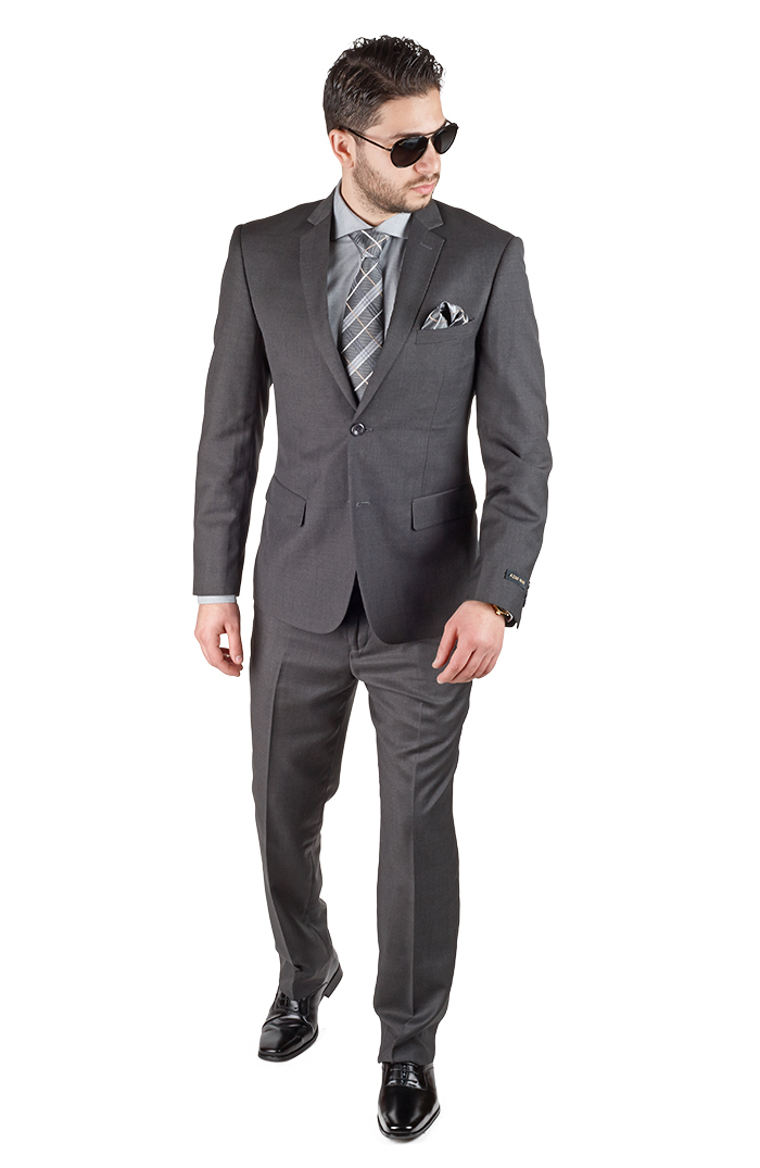 Slim Fit Men Suit 2 Button Dark Charcoal Grey Notch Lapel Double Vented By AZAR