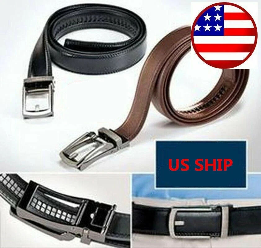 28″-50″ Men’s Leather Ratchet Dress Belts Automatic Buckle Click Sliding Belt