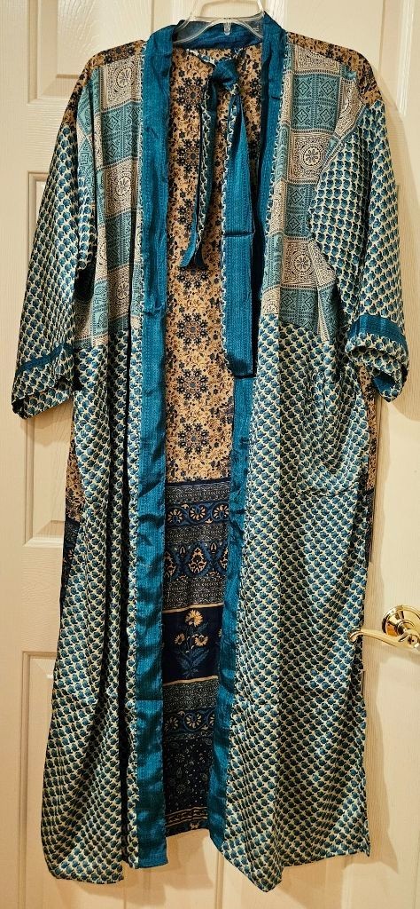 Art Silk Kimono Robe~ Women’s One Size~ Kimono w/Tie ~Floral ~Teal, Green, Beige