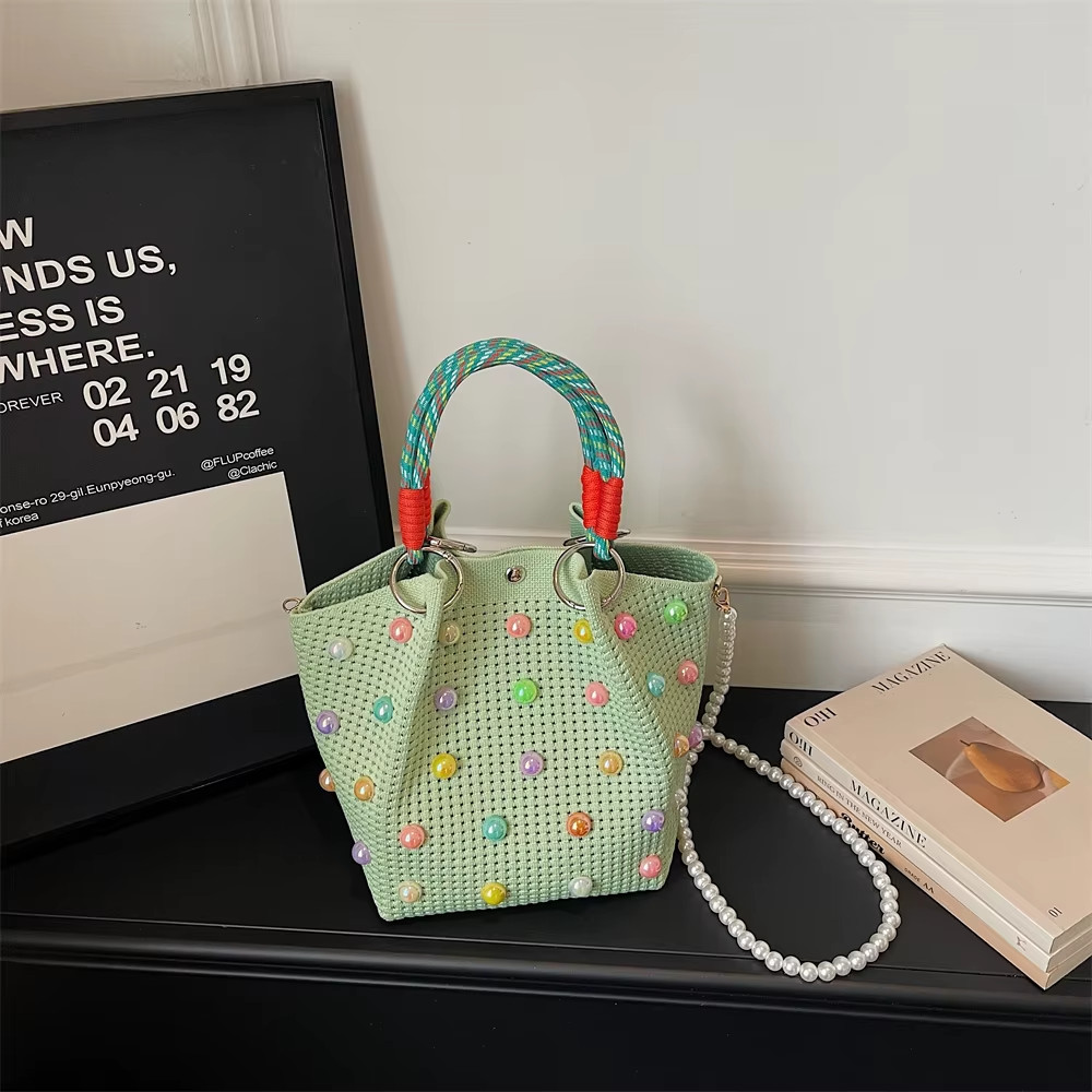 2026 Women Mini Woven Bucket Bag Candy Bead Top Handle Crossbody Handbag