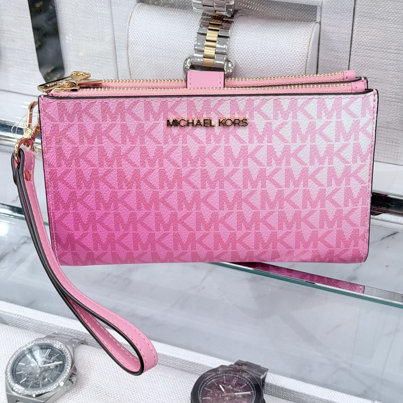 Michael Kors Jet Set Travel Double Zip Wristlet Wallet MK Logo Ombre Carnation