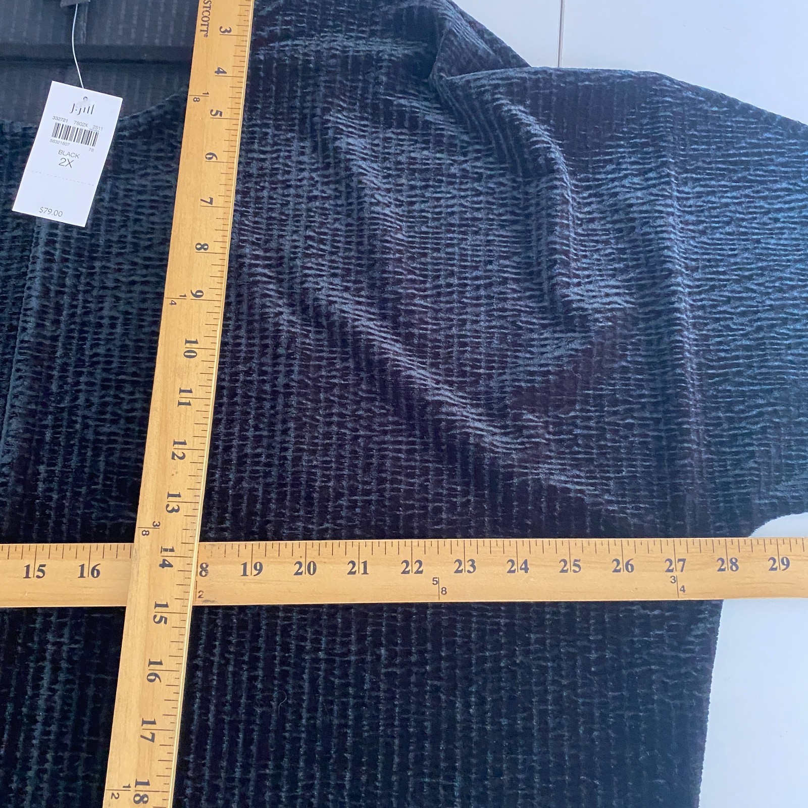 J Jill Wearever Crushed Velvet Wedge Top Size 2X Black 3/4 Dolman Sleeves