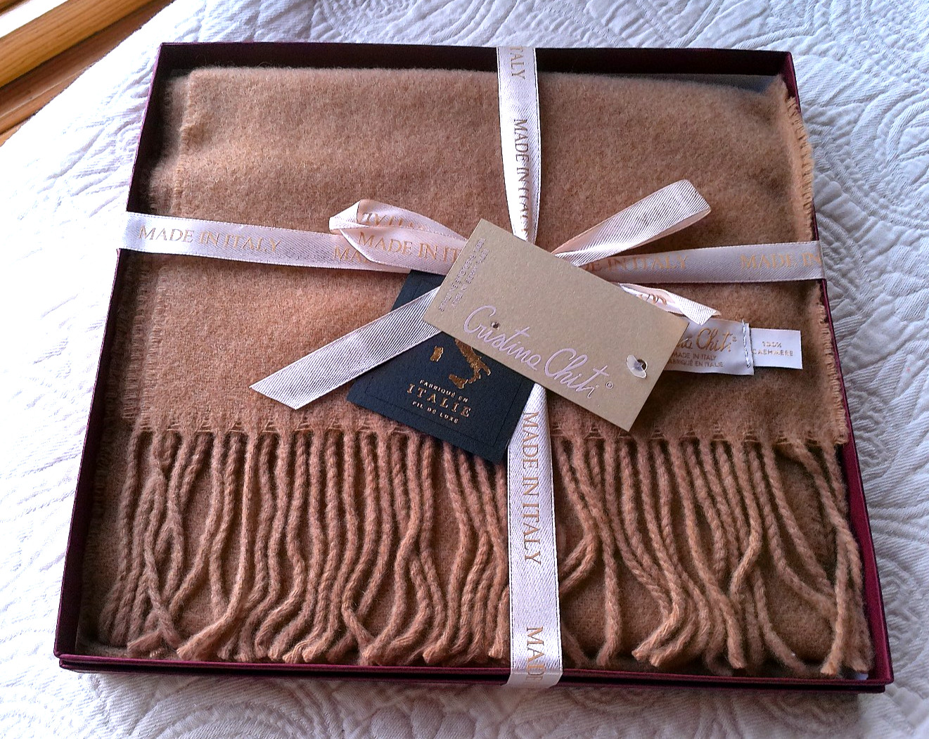 CHRISTINA CHITI 100% CASHMERE SCARF CLASSIC CAMEL 10″X70″ FRINGE GIFT BOX ITALY