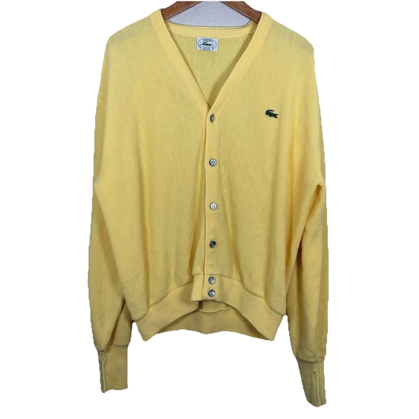 Vtg IZOD Lacoste Mens L Acrylic Cardigan Sweater Yellow USA Made Preppy Grandpa