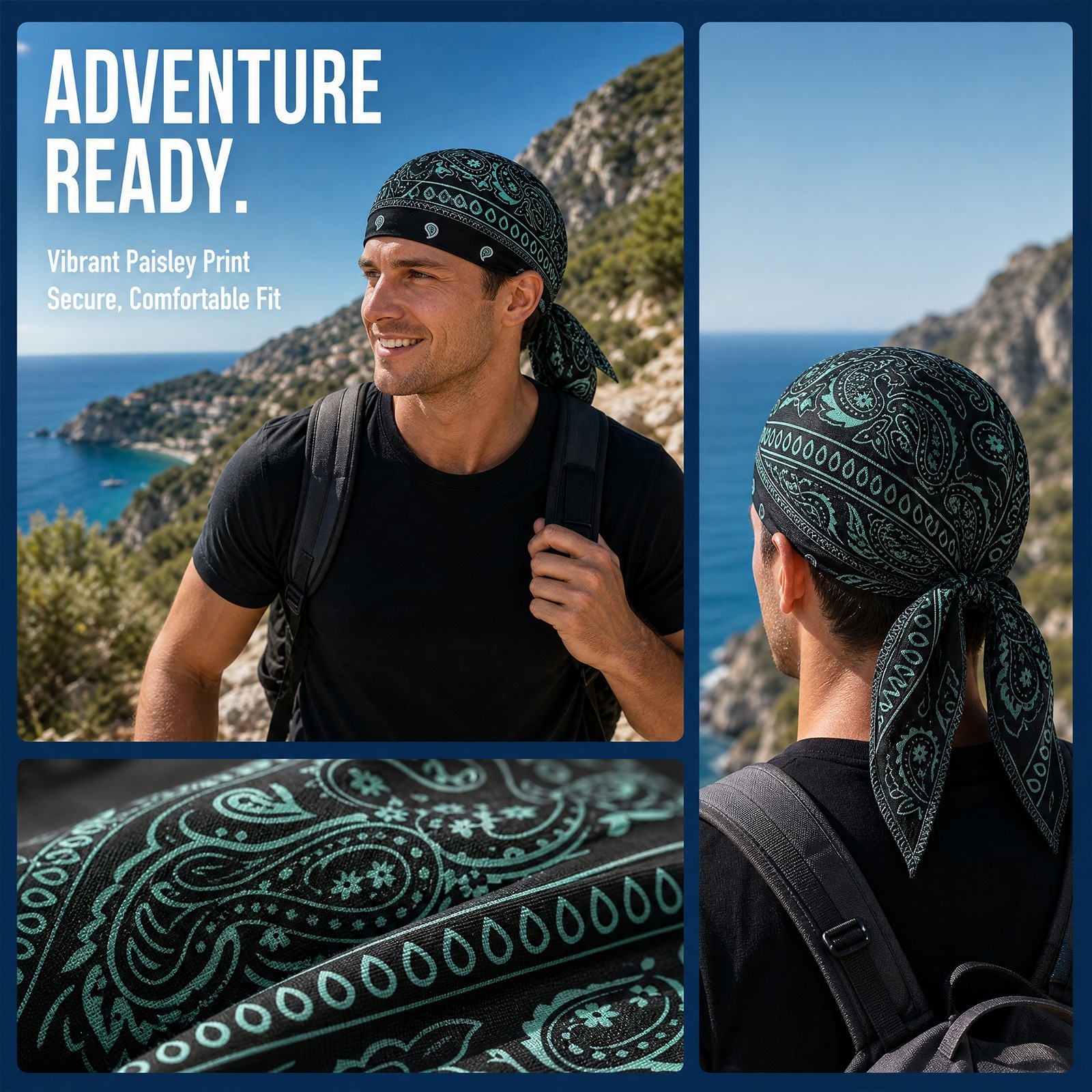 Cooling Paisley Skull Cap Helmet Liner Sweat Wicking Head Wrap 3PC