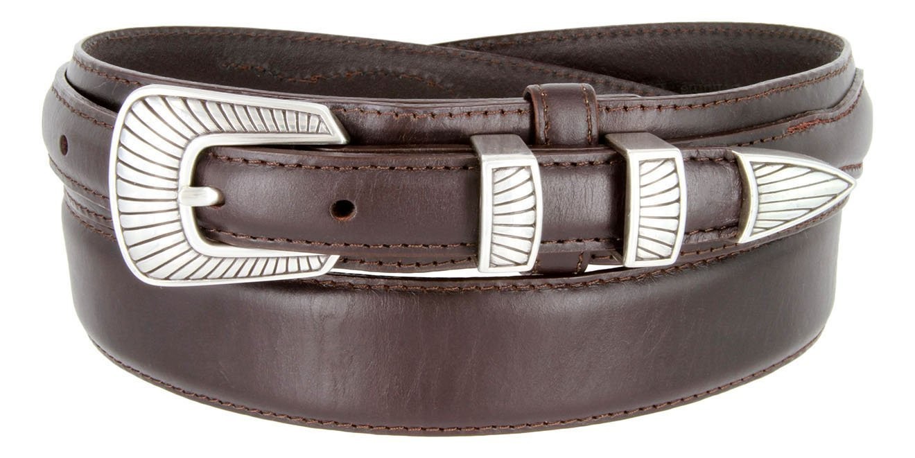 Oil Tanned Leather Ranger Belt Engraved Sterling Silver Sun Rays Buckle(Brown…