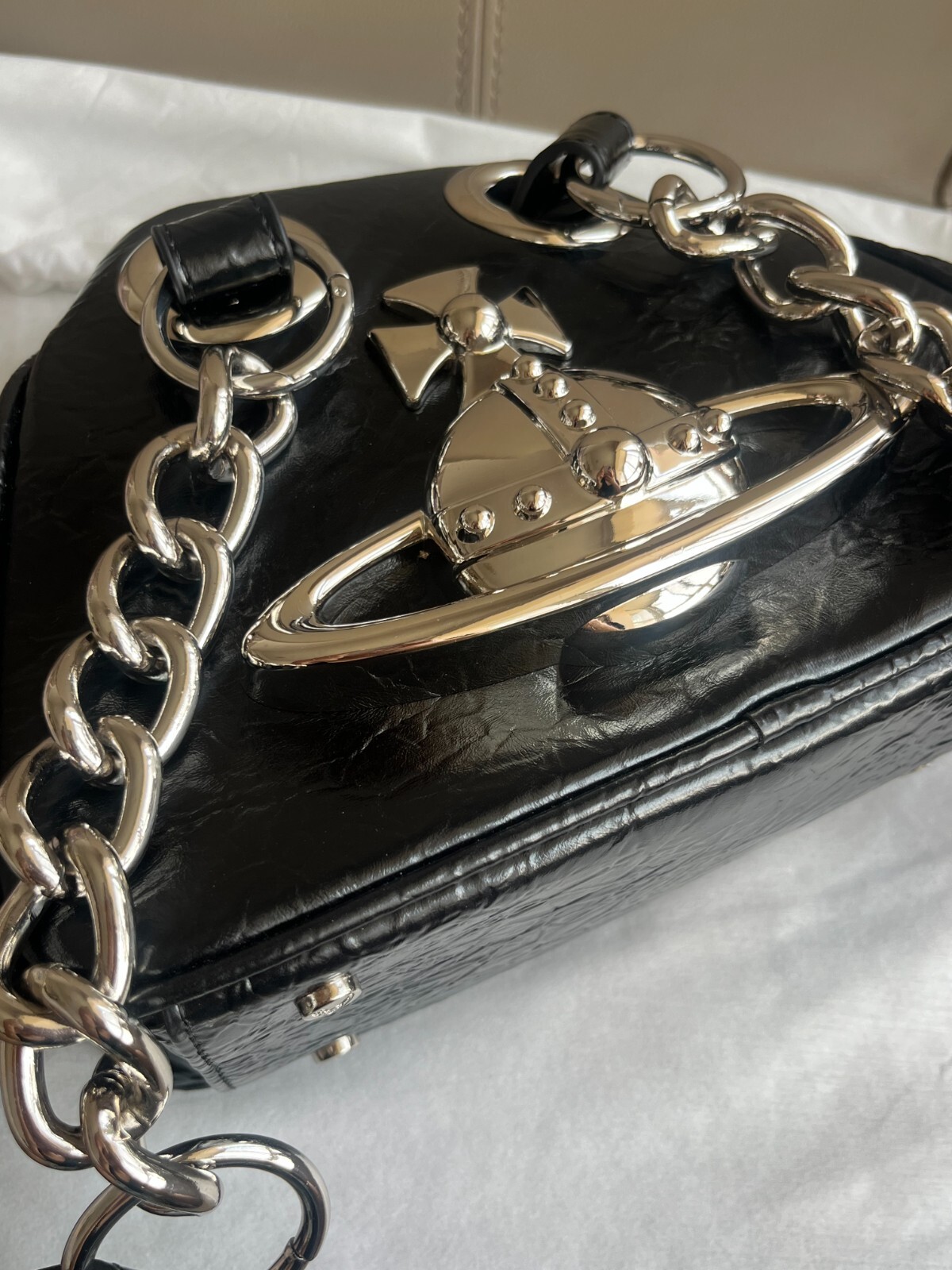 Vivienne Westwood Big Orb 2Chain Strap Black Leather Shoulder Bag