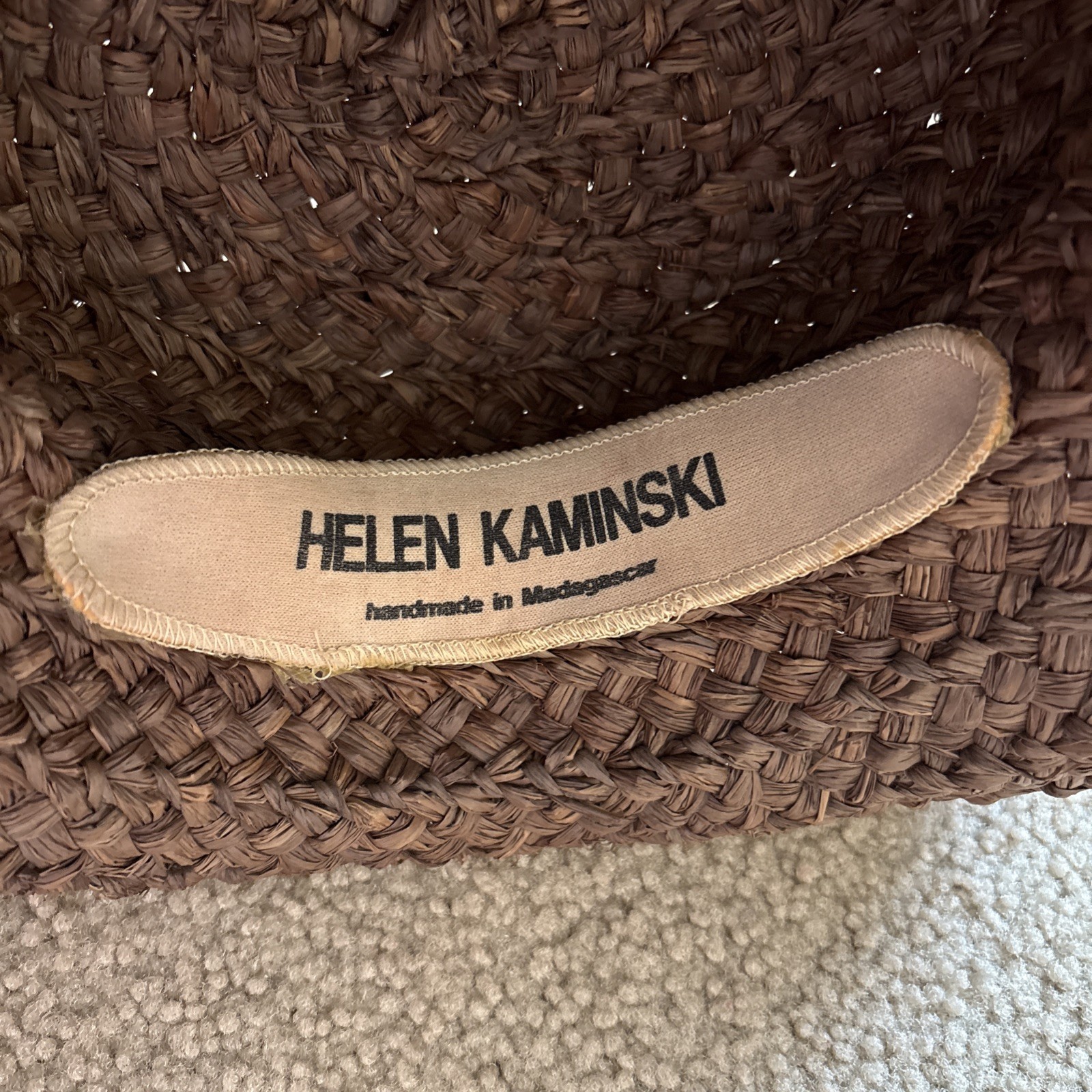 HELEN KAMINSKI Handmade in Madagascar 100% Raffia Boater Sun Hat in Brown