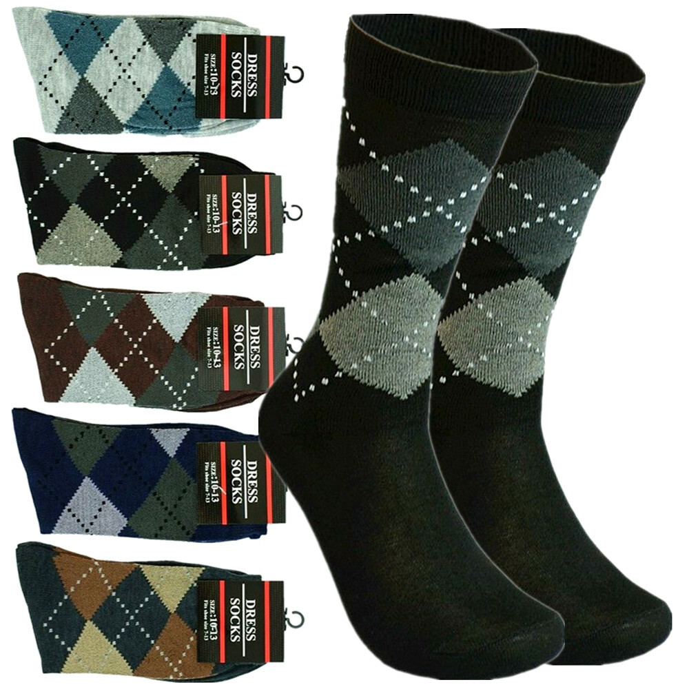 3-12 Pairs Men Argyle Crew Multi Color Business Dress Socks Cotton Size 10-13