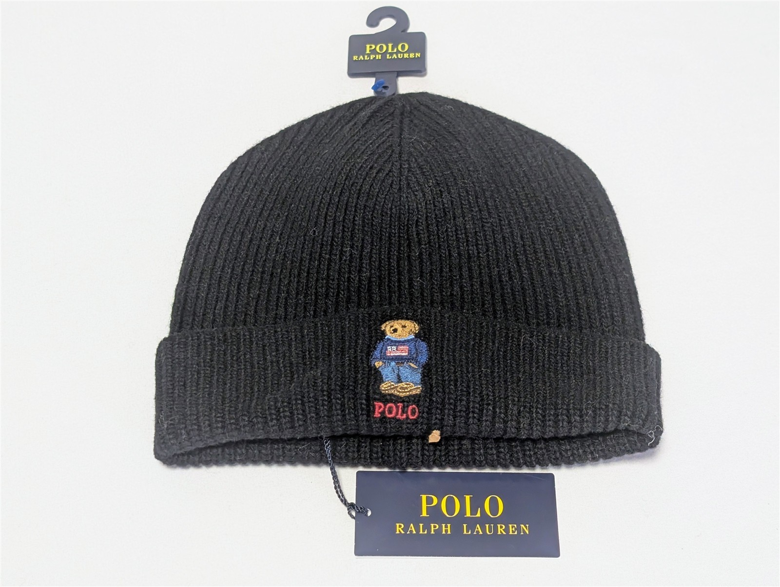 NWT Polo Ralph Lauren Flag Bear Beanie Black Ribbed Wool Blend Hat PC1565