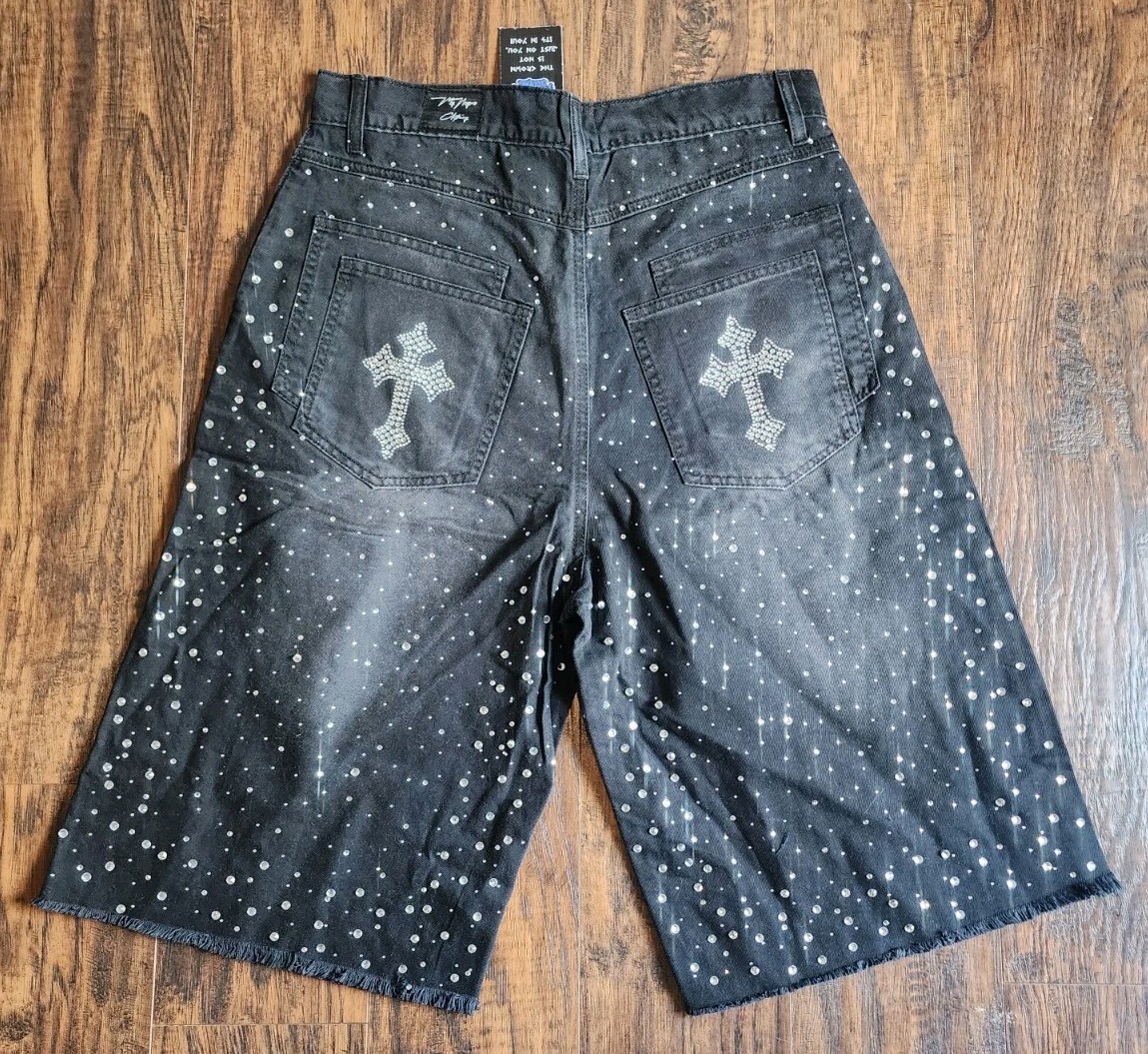 Men’s Rhinestone Street Cross Black Denim Shorts / Jorts Streetwear Size 36 Long