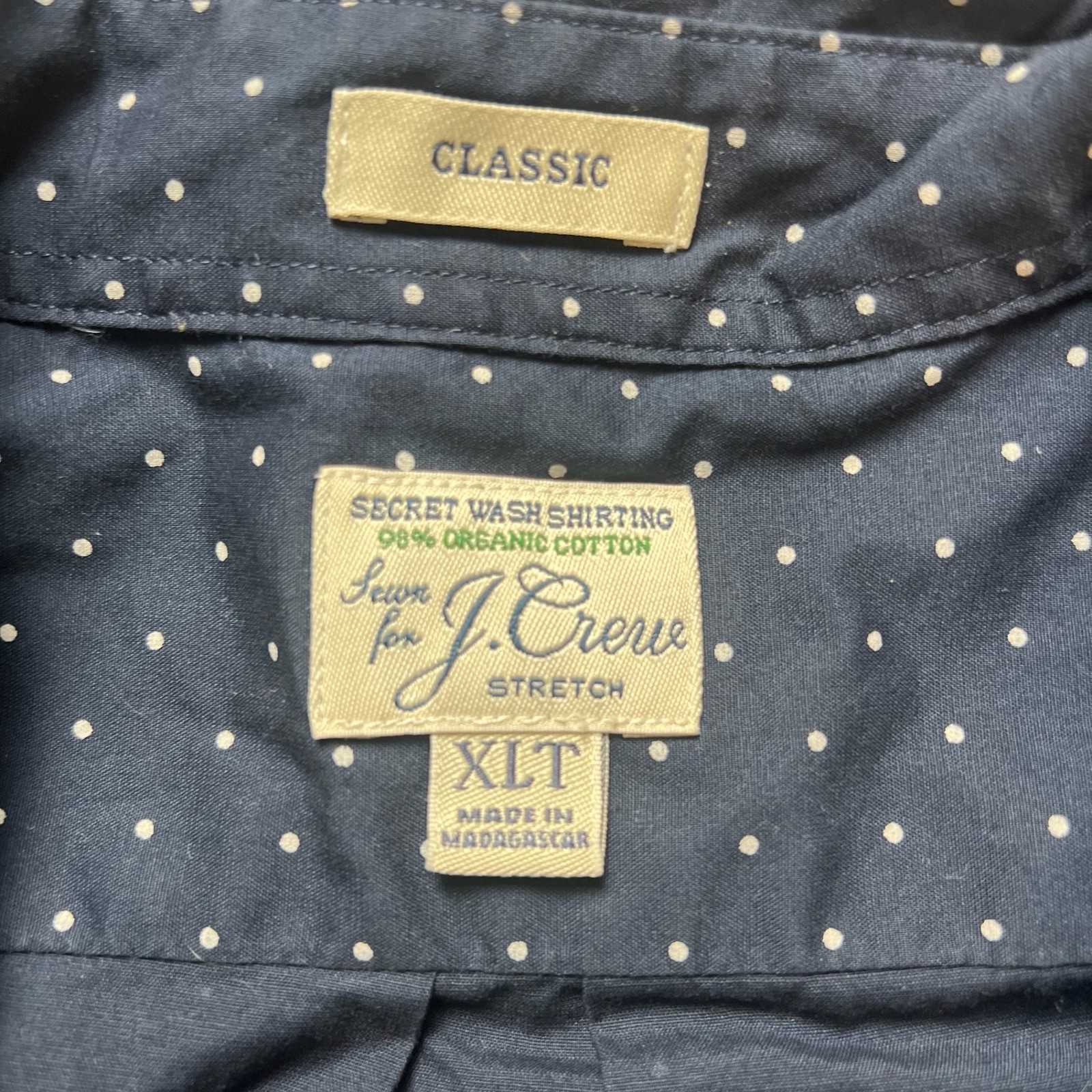 J.Crew Button Down Men XLT Navy Blue Polka Dot Secret Wash Stretch Classic Shirt