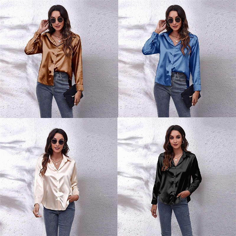 Women’s Shirts Satin Silk Lapel Long Sleeve Button Blouse Top Office Ladies