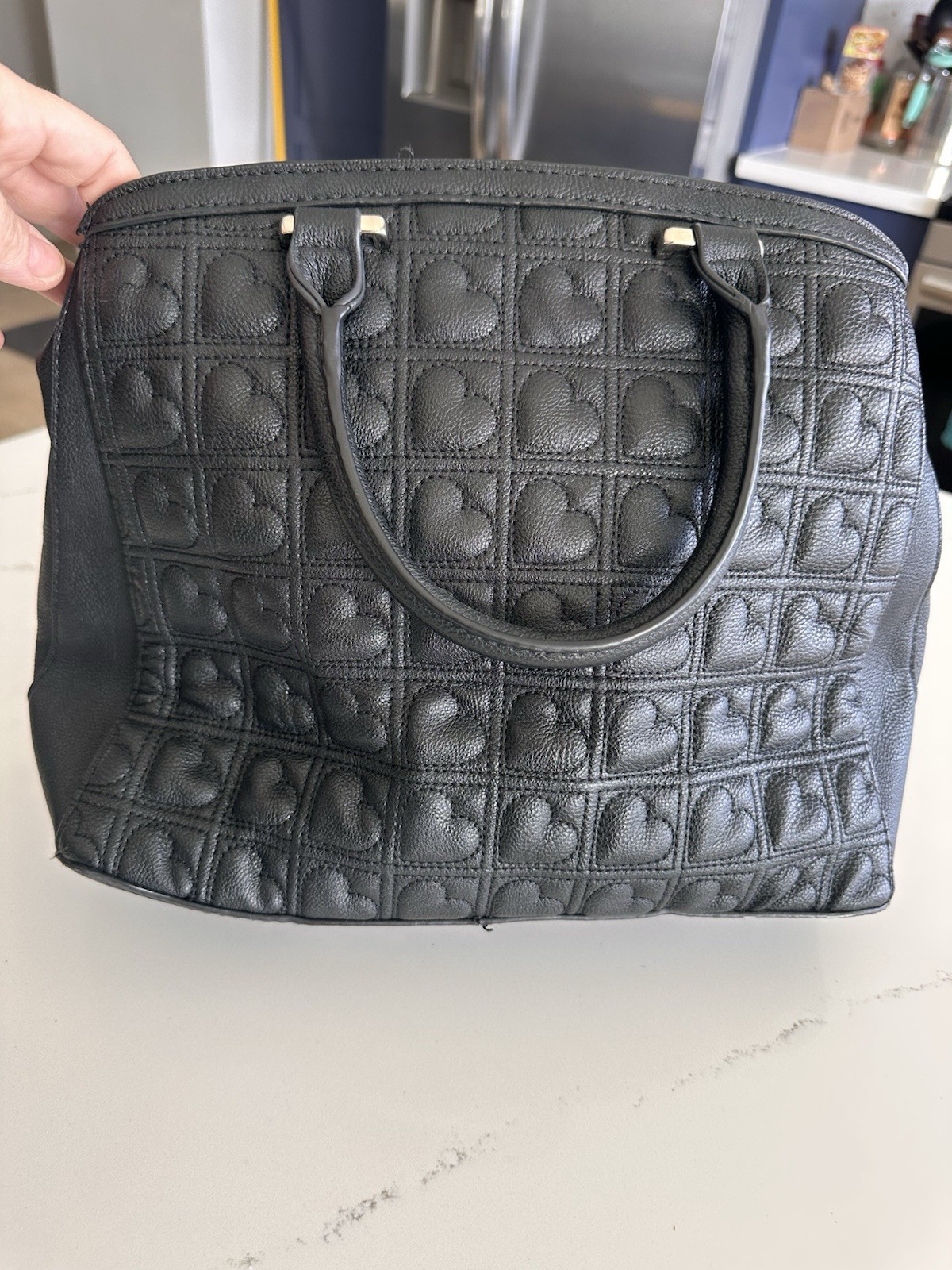 Betsey Johnson Black/Pink Heart Quilted Bow Satchel Top Handle, Zip, Pockets
