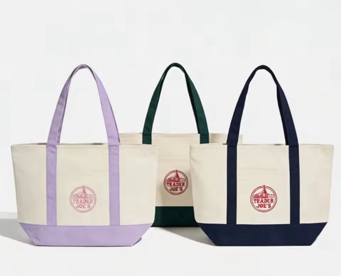 Trader Joes 3 Piece Large Tote Bags Green, Dark Blue, Pastel Purple Eco Friendly
