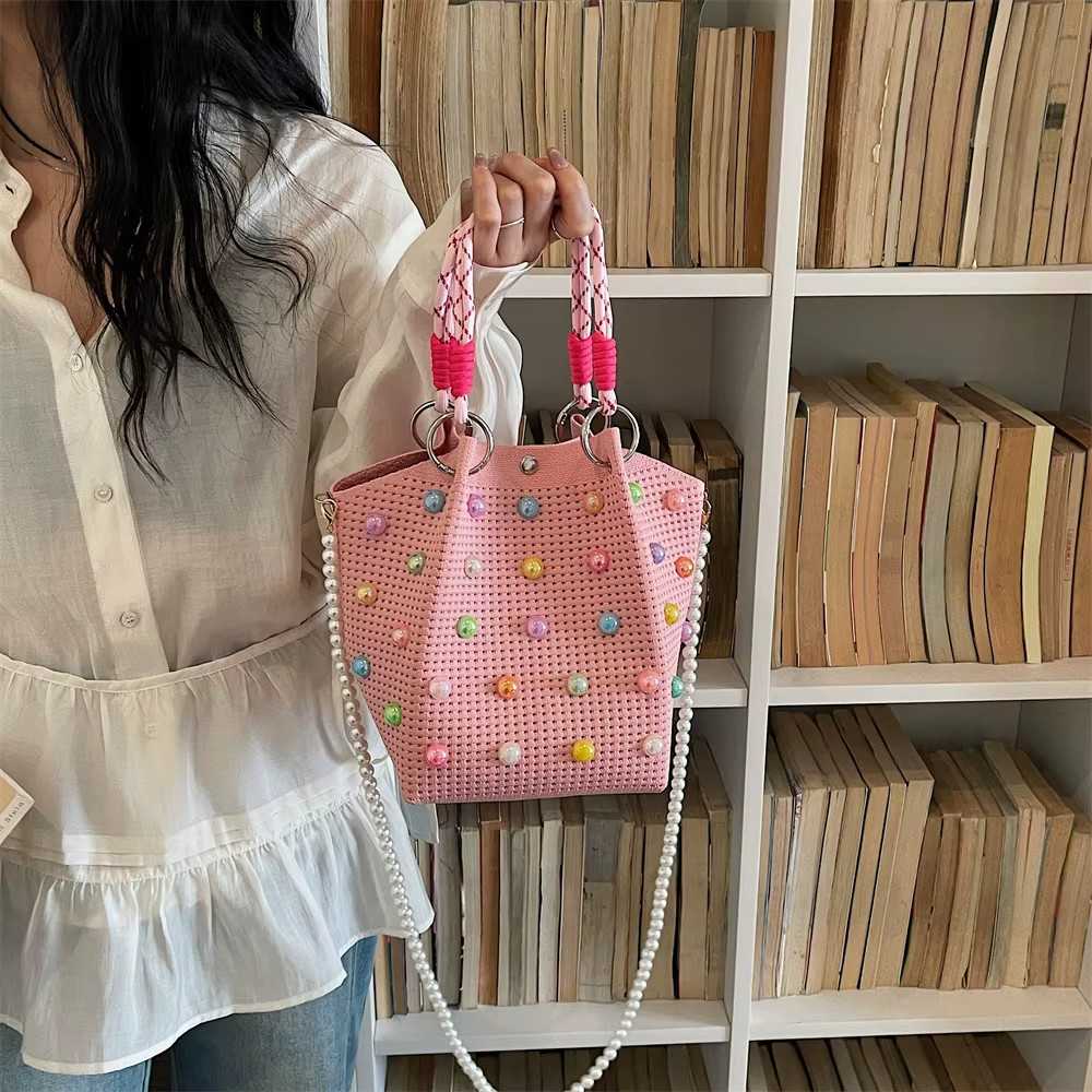2026 Women Mini Woven Bucket Bag Candy Bead Top Handle Crossbody Handbag