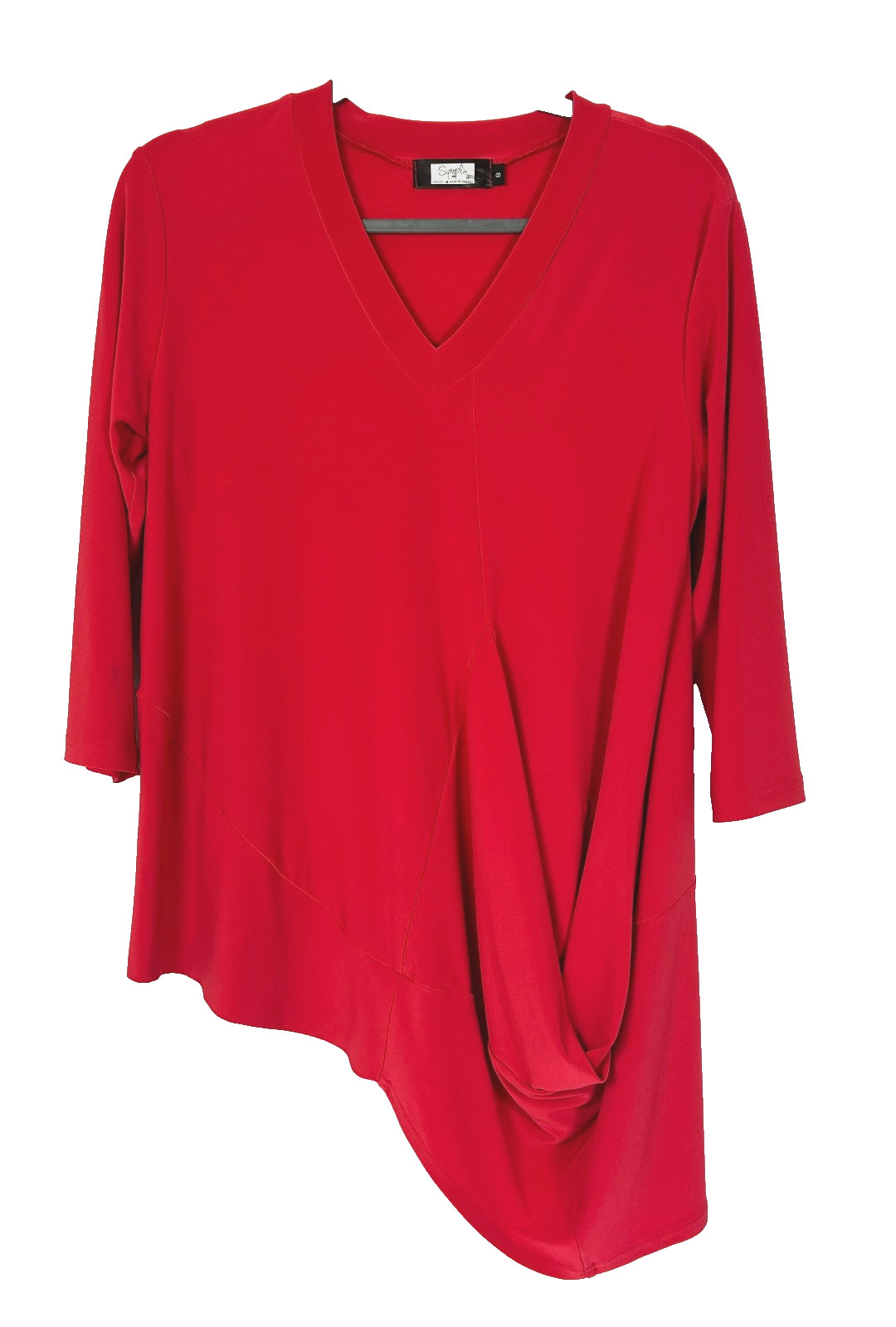 SYMPLI Canada 8 Medium Blouse Top Jersey Knit Red Drape Pocket V Neck Pull On