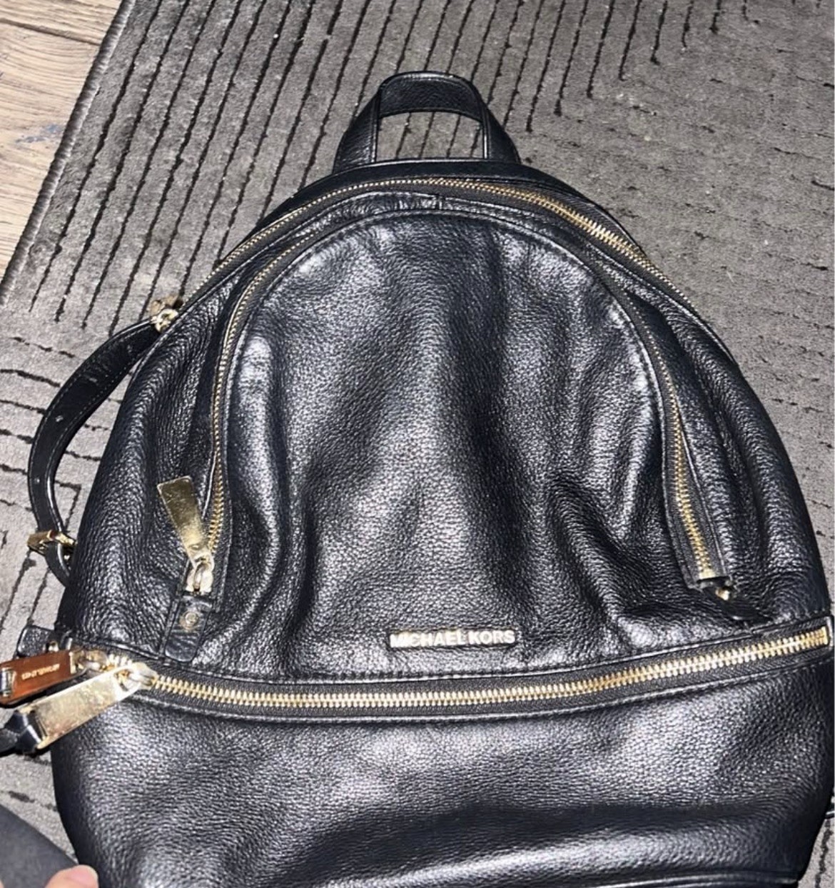 Michael Kors Black Pebbled Zip Backpack Gold Hardware Logo Detachable Strap