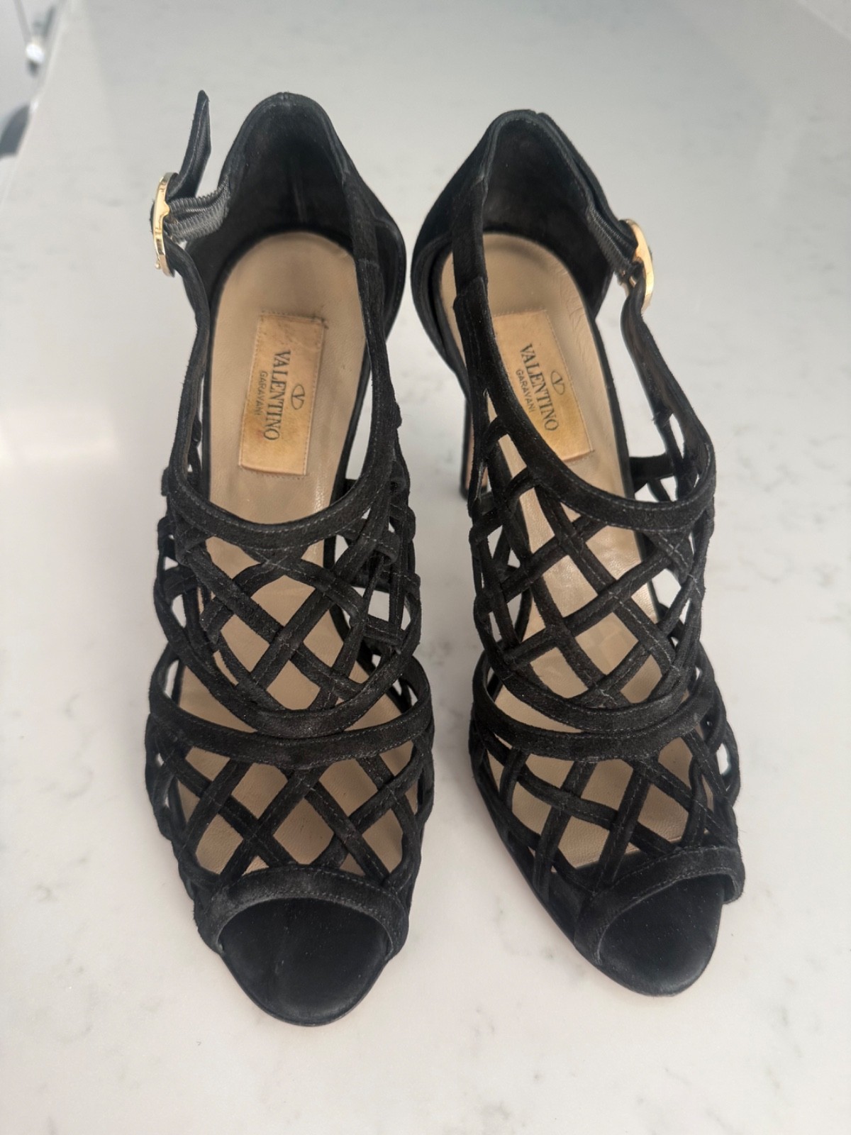 Valentino Garavani Black Suede Caged Lattice Sandals Heels Pump 37.5 Box Luxury
