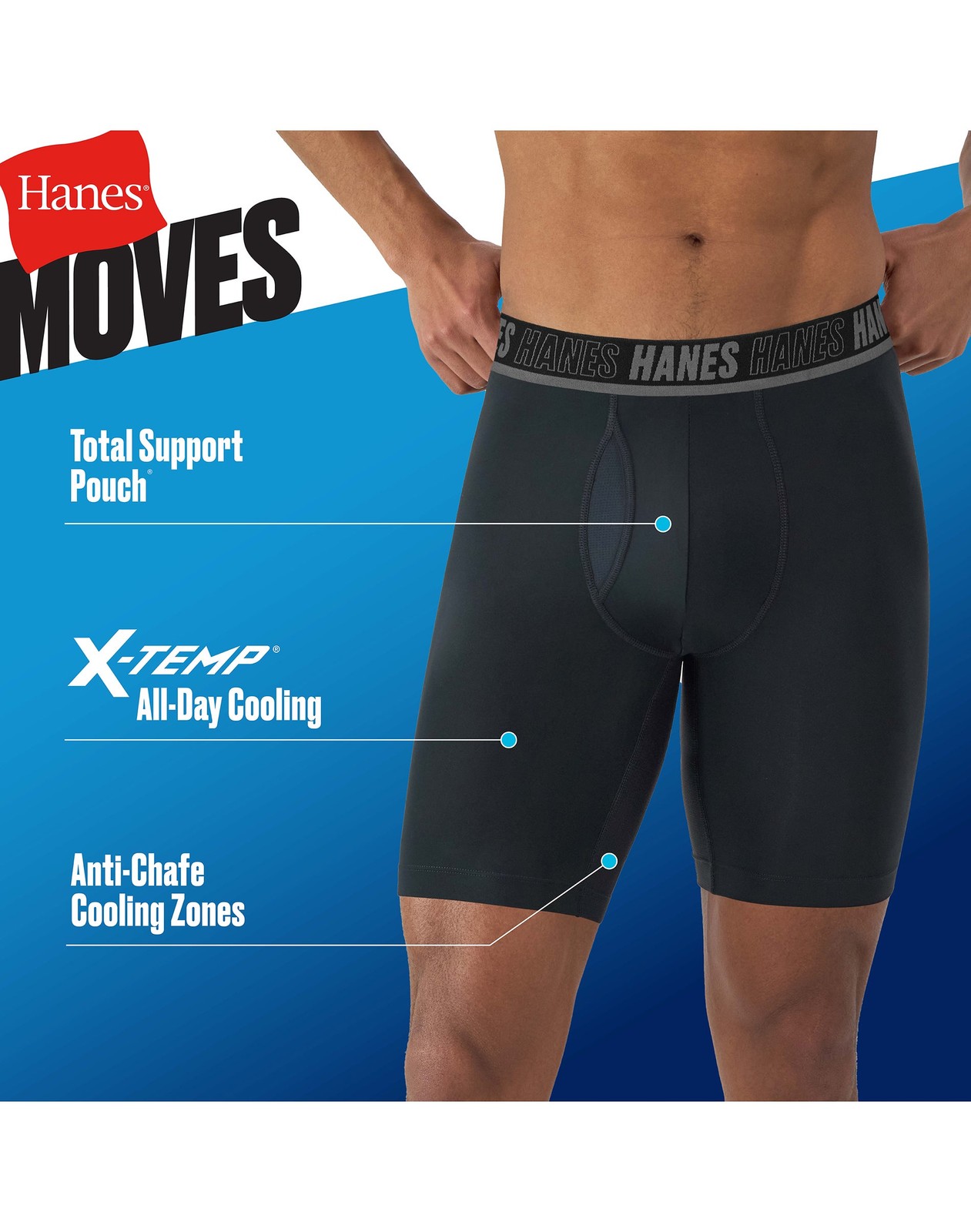 Hanes Moves Ultimate Men’s Anti-Chafe Long Leg Boxer Brief Underwear, Total