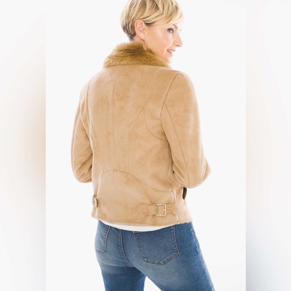 NWOT Chicos Faux Suede and Shearling Fur Collar Penny Lane Camel Coat Size Small