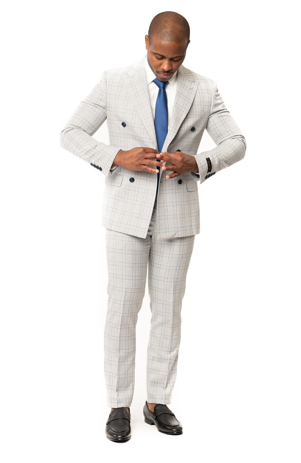 Slim Fit Double Breasted Plaid Chalk Grey 2 Button Peak Lapel Men Suit AZAR MAN