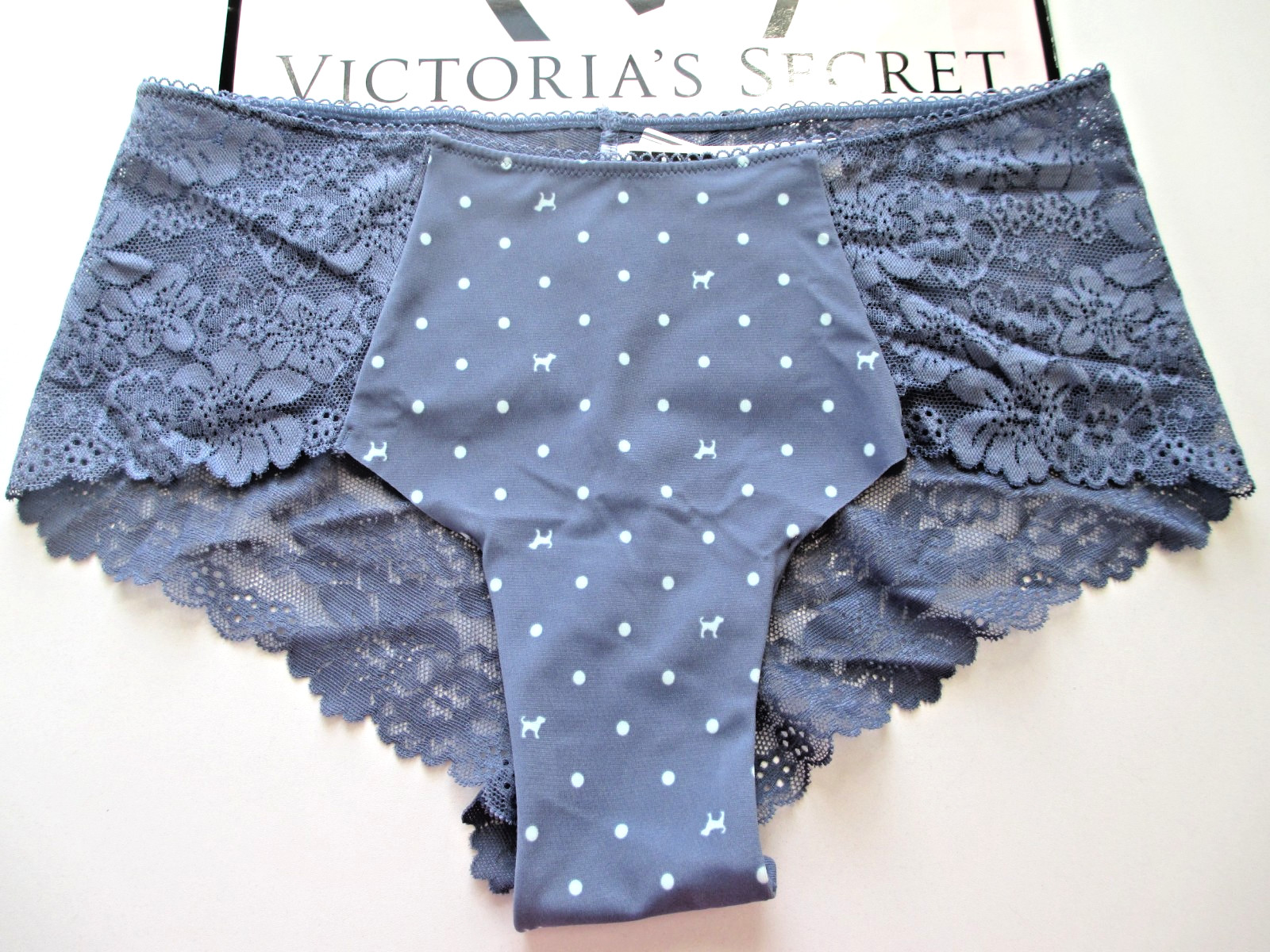 VICTORIA’S SECRET PINK No Show Cheeky Panty VS Lace Trim NWT Blue Dot S M L XL