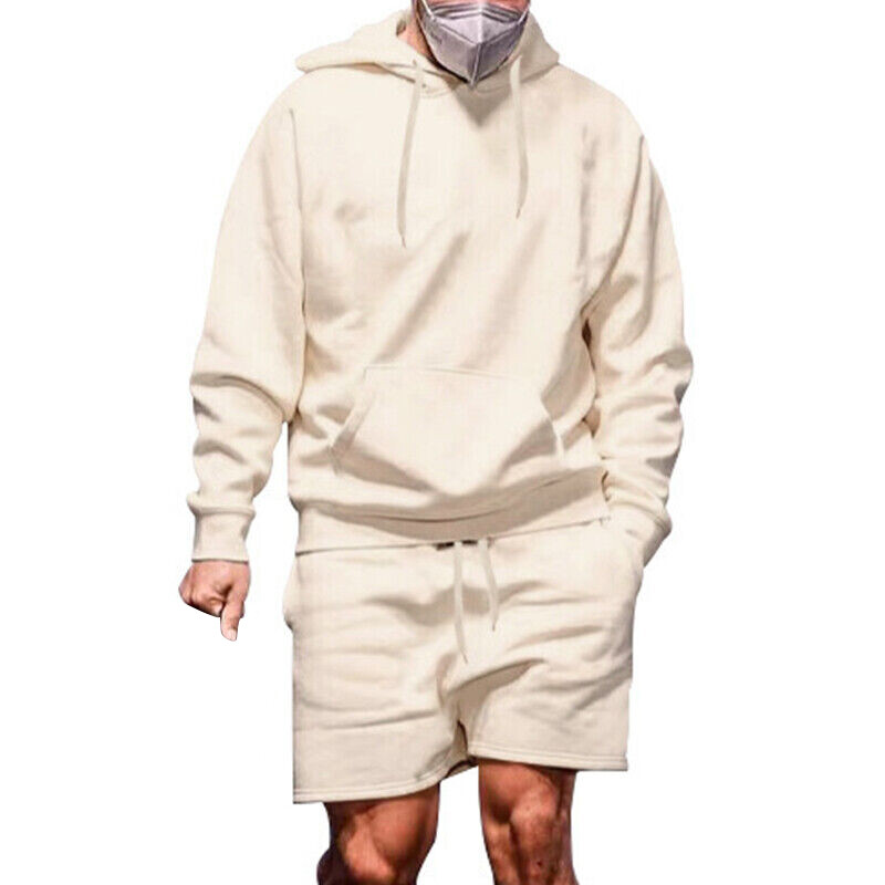 2PC Mens Long Sleeve Hoodie+Shorts Tracksuit Set Casual Baggy Solid Outfit Suit
