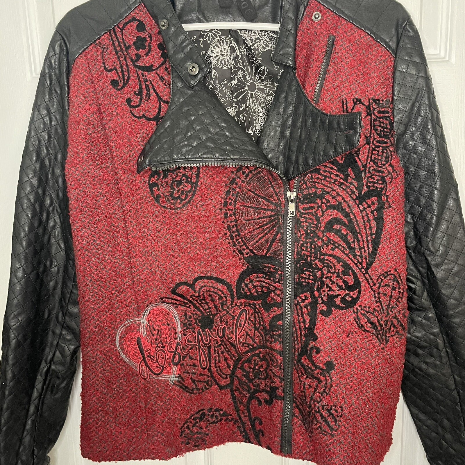 Desigual Wool Blend and Vegan Leather Black and Red Moto Jacket 42